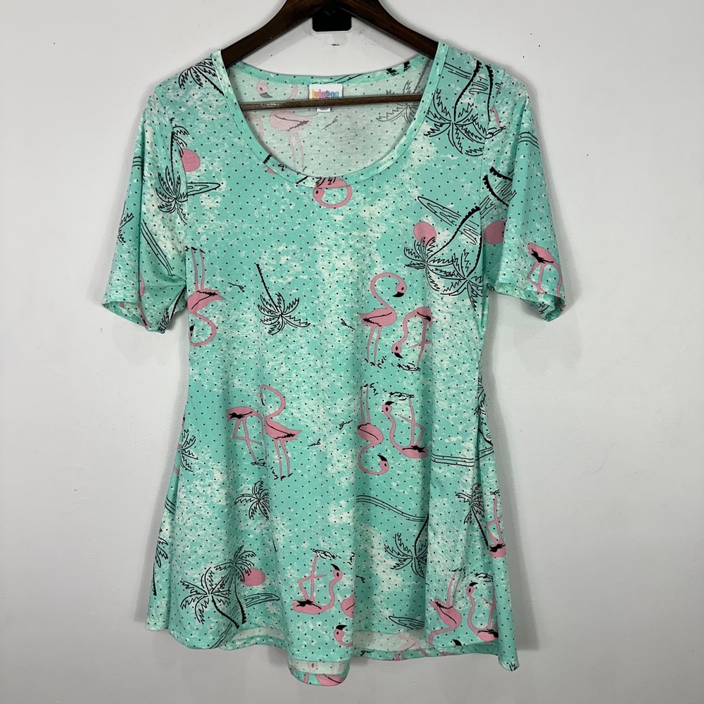 LuLaRoe Tunic Top M Aqua Pink Flamingo Palm Tree Print Summer‎ Retro Whimsical